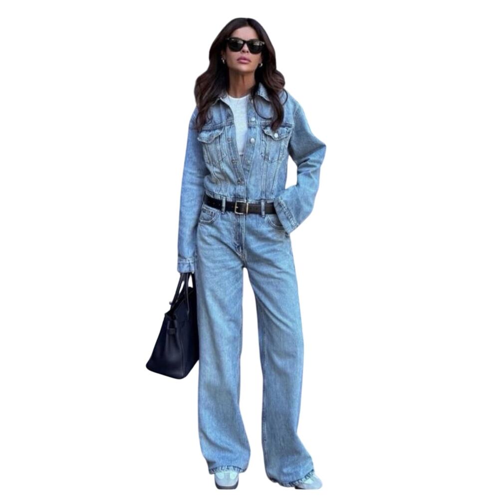 Zara Jumpsuit Women’s S Straight Leg Button Down Utility Carpenter Blue Coverall